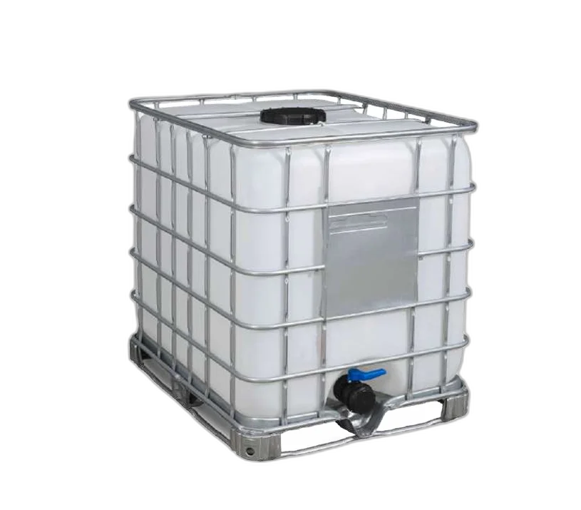 1000 litre IBC tank in a steel cage on a pallet