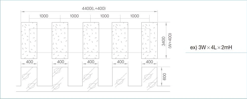 Plan of concrete plinth layout for a 3 m by 4 m by 2 m tank