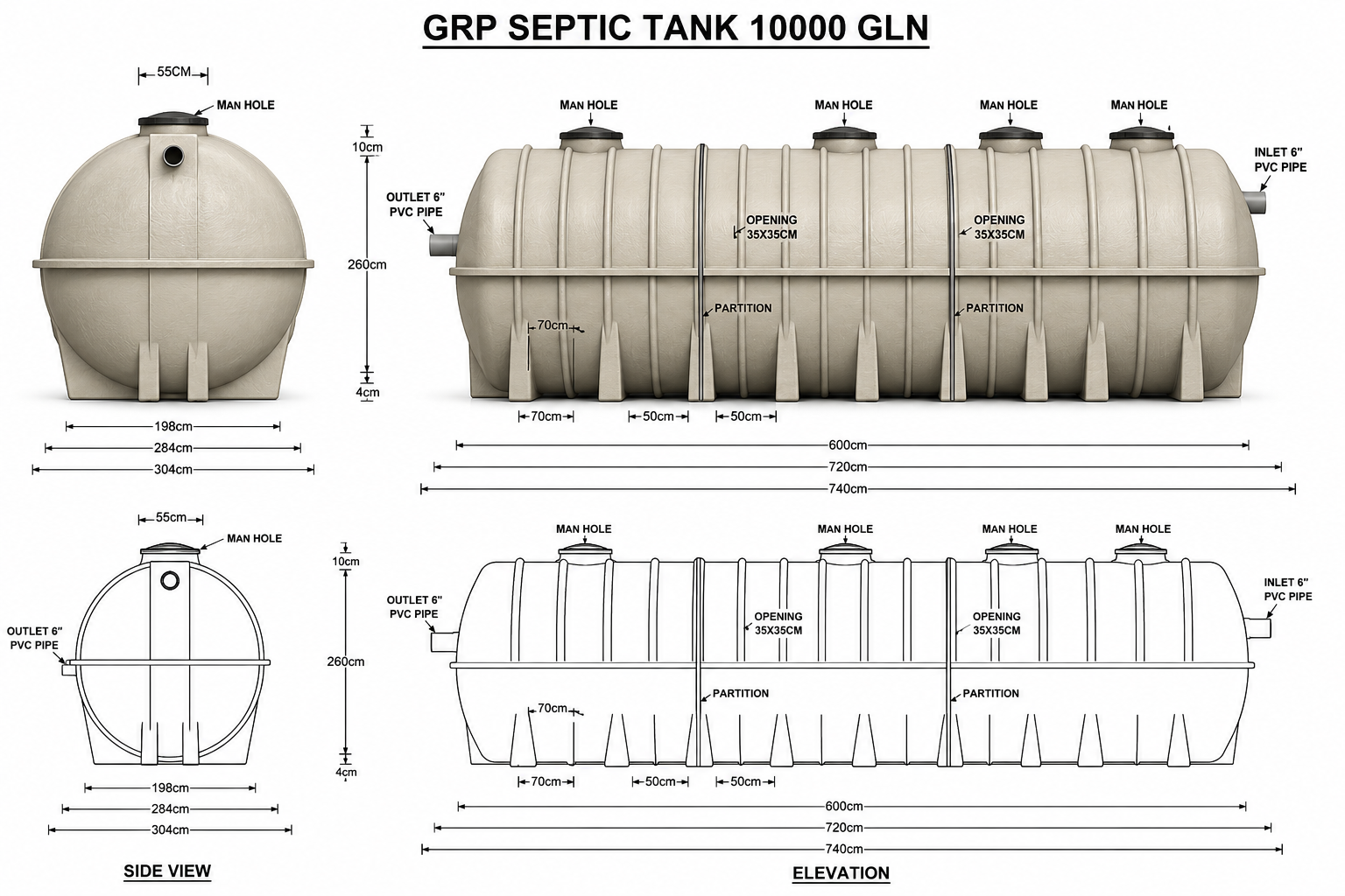 10,000 USG GRP Septic Tank UAE technical diagram