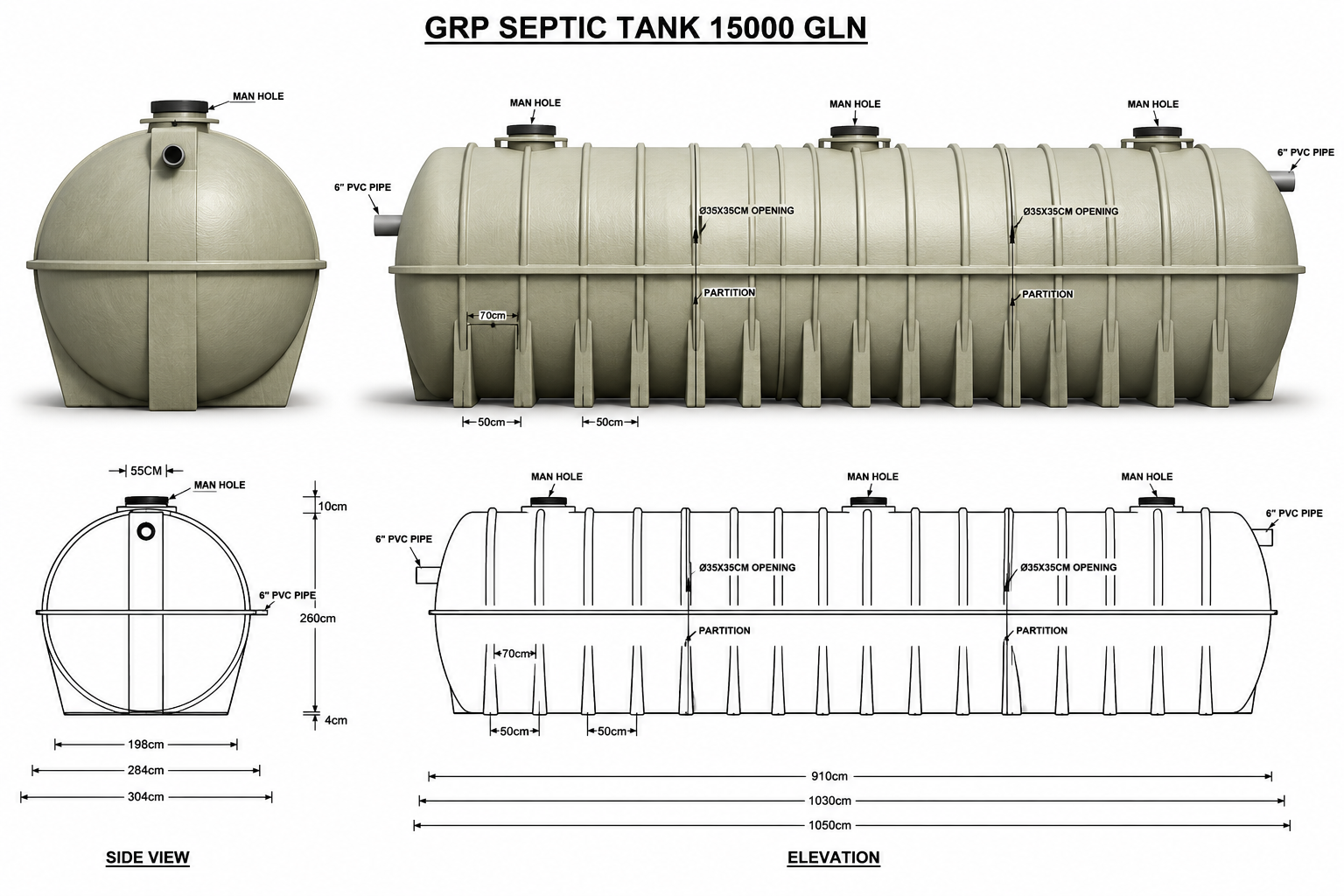 15,000 USG GRP Septic Tank UAE technical diagram