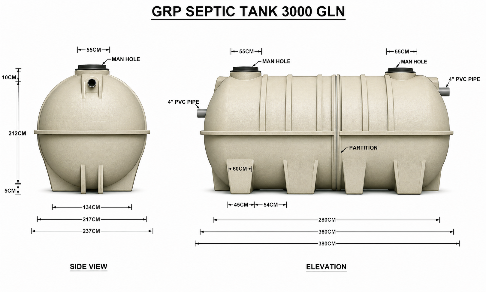 3,000 USG GRP Septic Tank UAE technical diagram