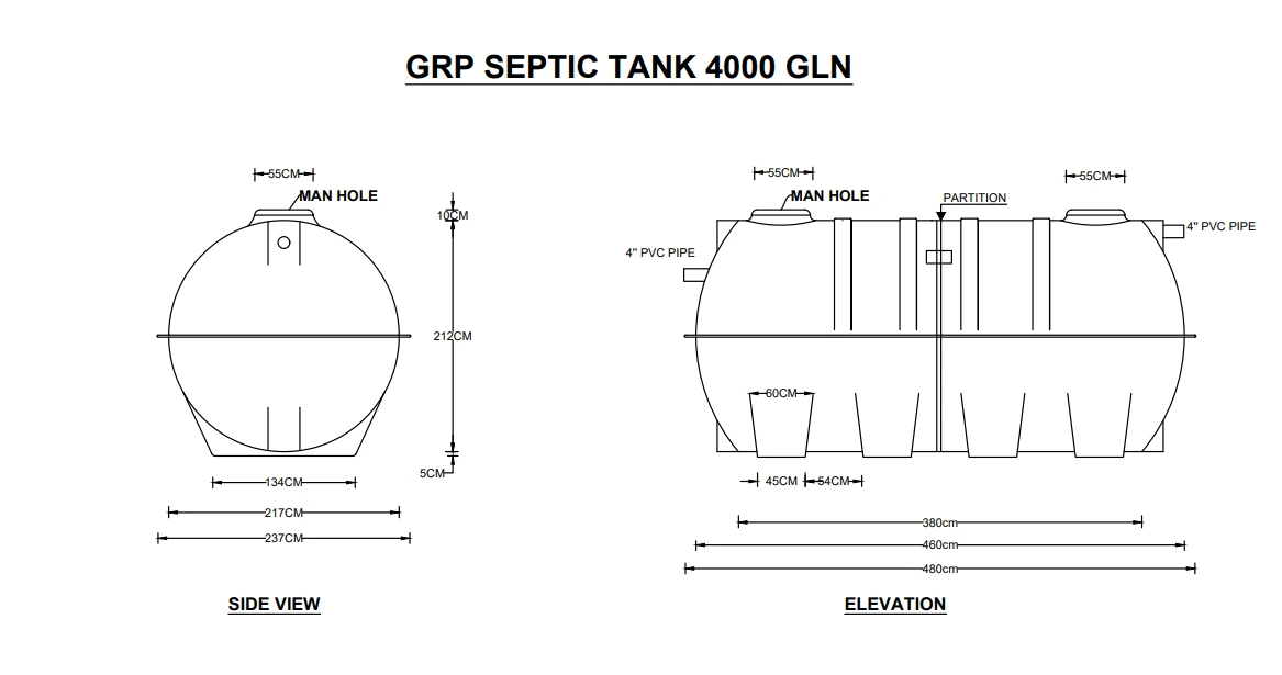 Technical drawing of a 4000 USG GRP septic tank