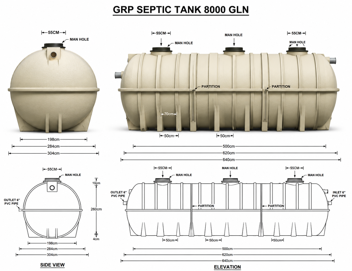 8,000 USG GRP Septic Tank UAE technical diagram
